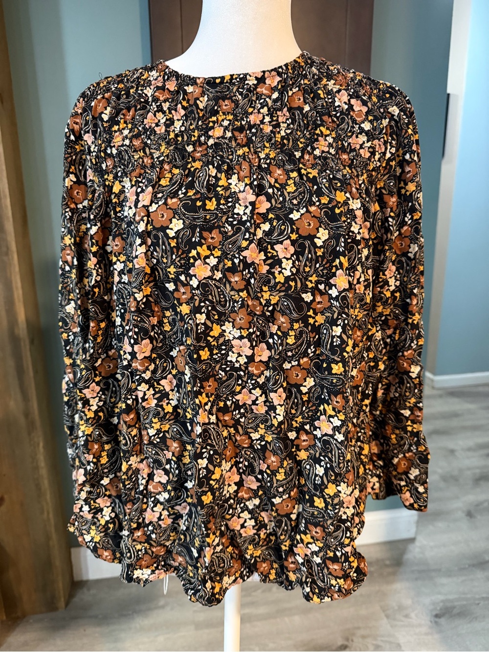 J. Jill Black Floral Paisley Smocked-Neck Blouse